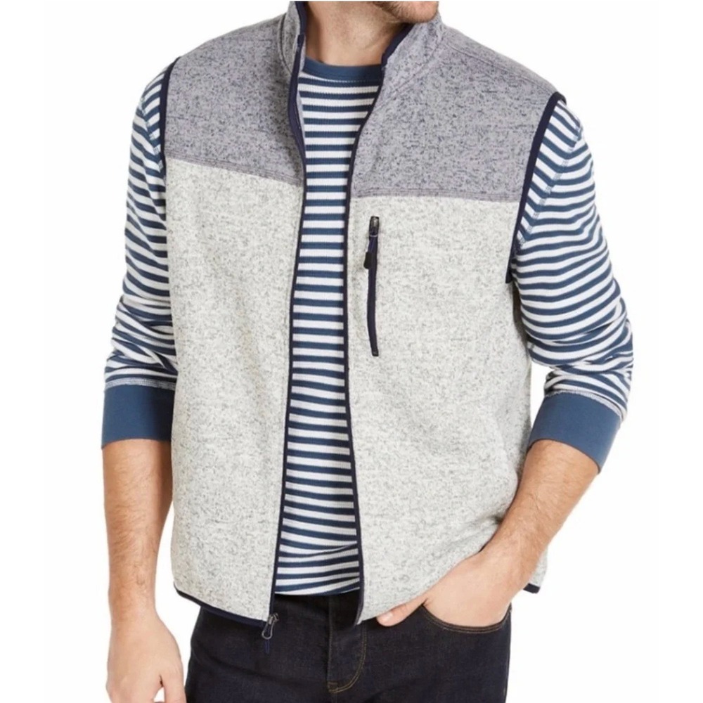 Club Room Gray Blue Colorblock Sweater Fleece Full Zip Vest Men's Size Large